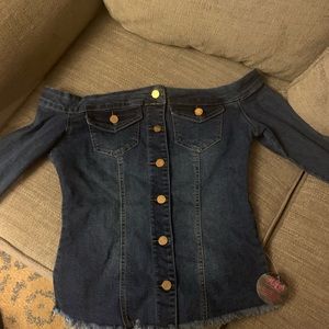 Hot Miami Styles off the shoulder jean top/jacket